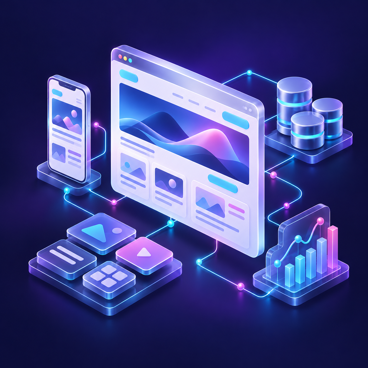 Sito web isometrico collegato a contenuti mobile, database e analisi dei dati